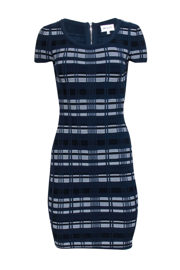 Current Boutique-Milly - Navy & White Textured Plaid Knit Bodycon Dress Sz S