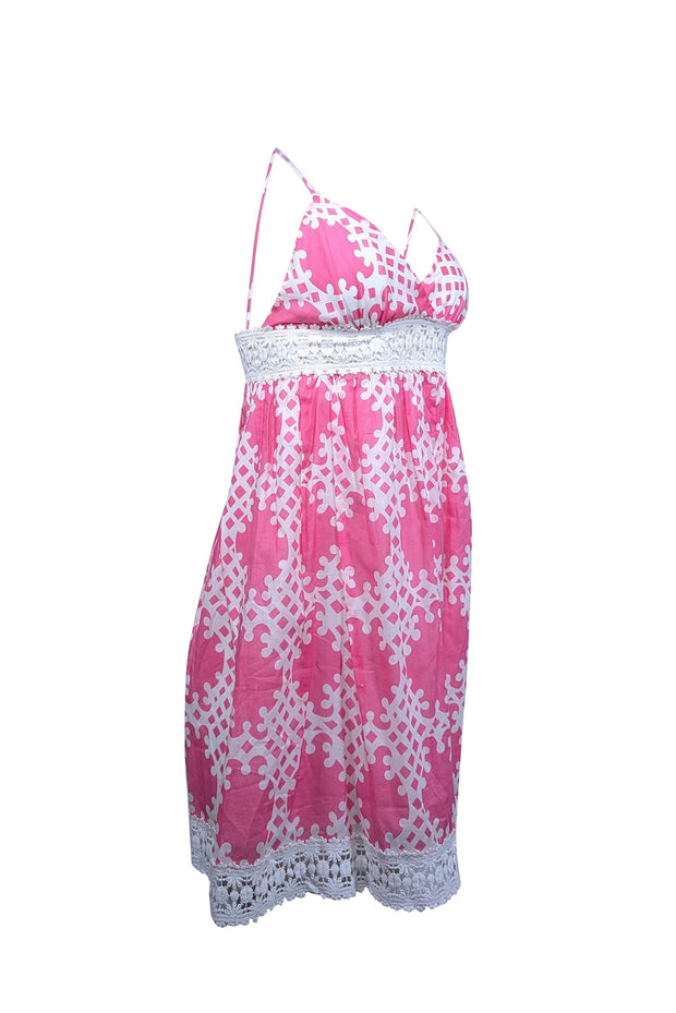 Current Boutique-Milly - Pink & White Print Sleeveless Dress w/ Eyelet Trim Sz 2