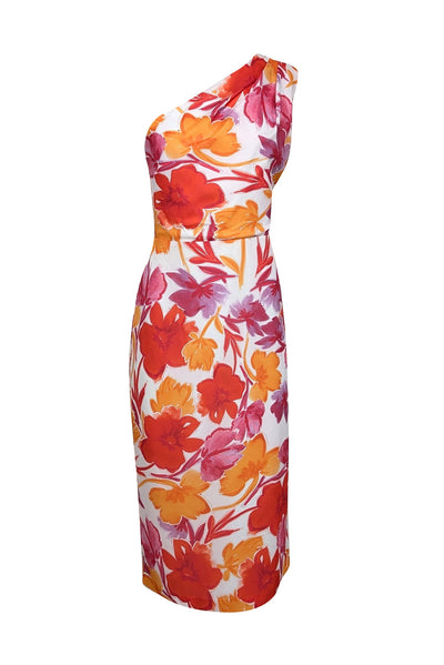 Current Boutique-Milly - White w/ Orange & Pink Floral Print One Shoulder Dress Sz 12