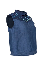 Current Boutique-Missoni - Blue Denim Sleeveless Collared Top w/ Blue & Green Studs Sz 4