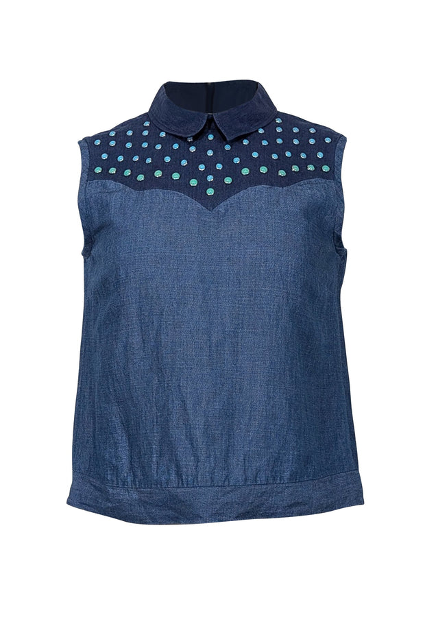 Current Boutique-Missoni - Blue Denim Sleeveless Collared Top w/ Blue & Green Studs Sz 4