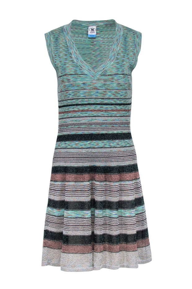 Current Boutique-Missoni - Green & Brown Metallic Striped Ribbed Knit Sleeveless Dress Sz 8