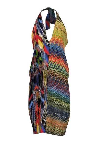 Current Boutique-Missoni - Green, Red, Black, Yellow & Blue Halter Silk Mini Dress Sz M