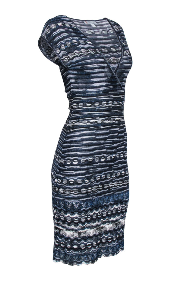 Current Boutique-Missoni - Navy, White & Black Metallic Cap Sleeve Dress Sz 2