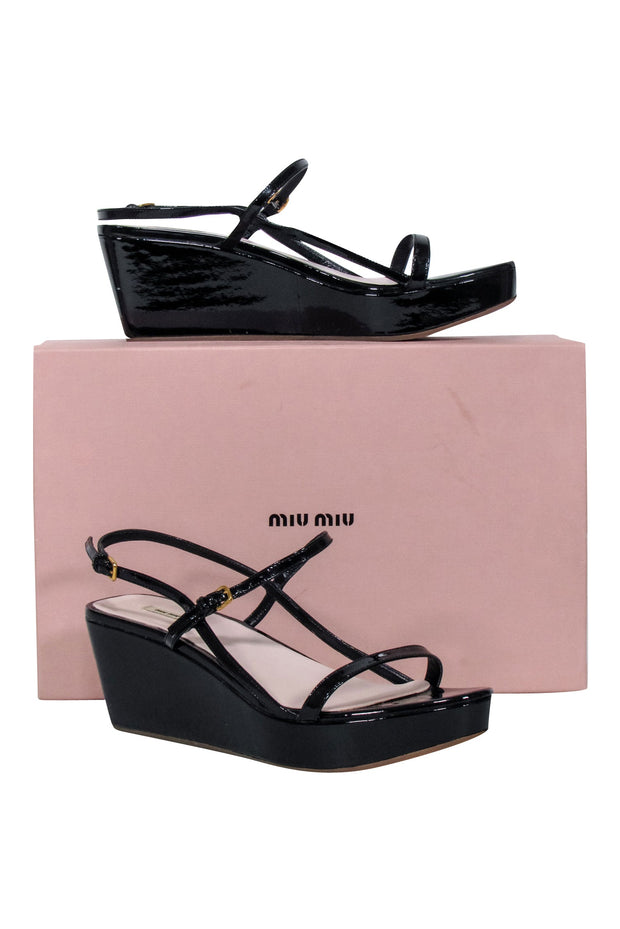 Current Boutique-Miu Miu - Black Patent Leather Platform Wedge Sandals Sz 9.5