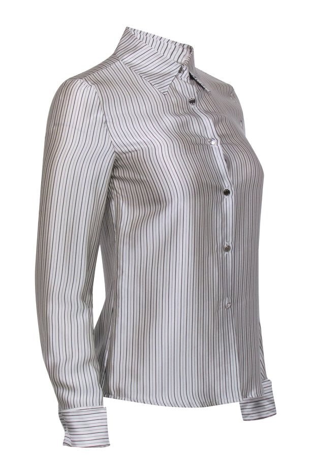 Current Boutique-Miu Miu - Grey & Black Stripe Silk Button Up Blouse Sz S