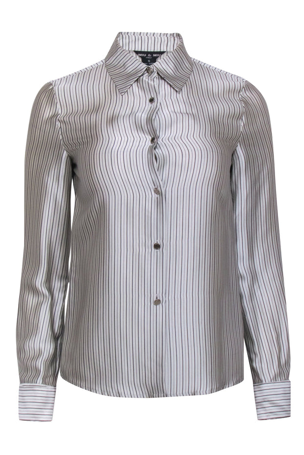 Current Boutique-Miu Miu - Grey & Black Stripe Silk Button Up Blouse Sz S