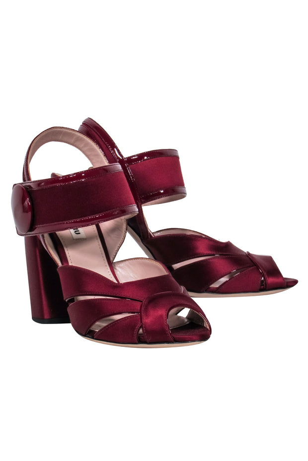 Current Boutique-Miu Miu - Maroon Satin Chunky Sandal Heels Sz 7.5