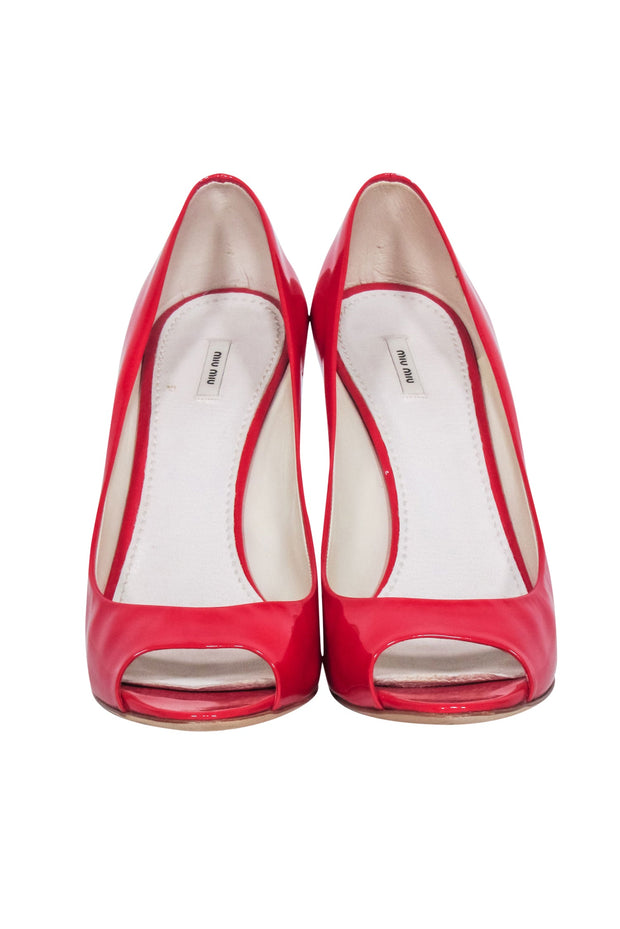 Current Boutique-Miu Miu - Red Patent Leather Peep Toe Pumps Sz 9