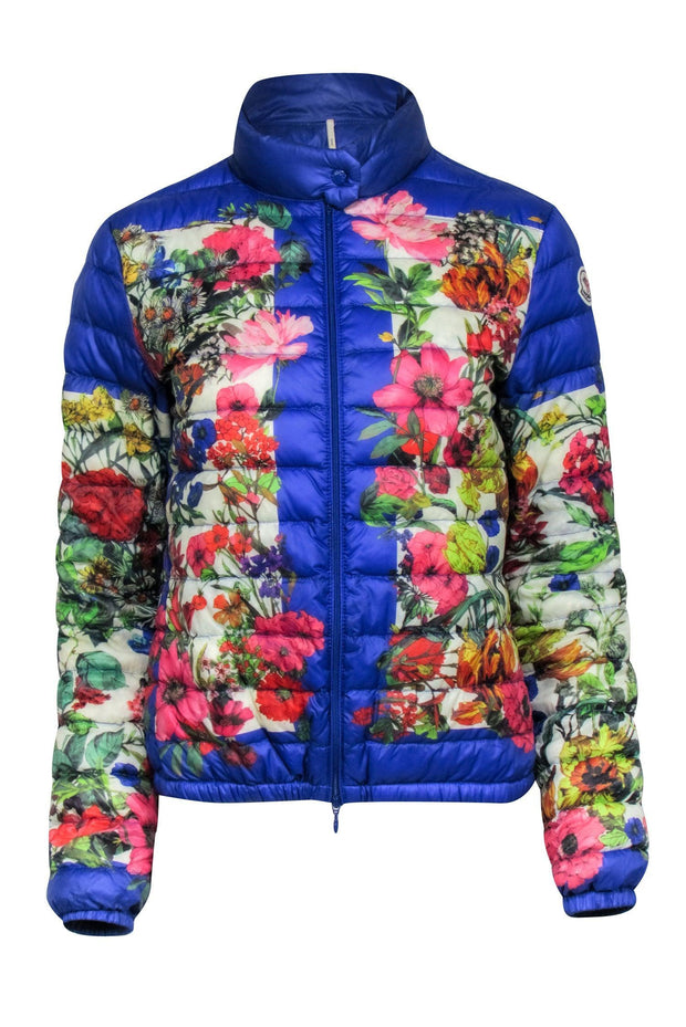 Current Boutique-Moncler - Blue Puffer Jacket w/ Multi-Colored Floral Print Sz 2