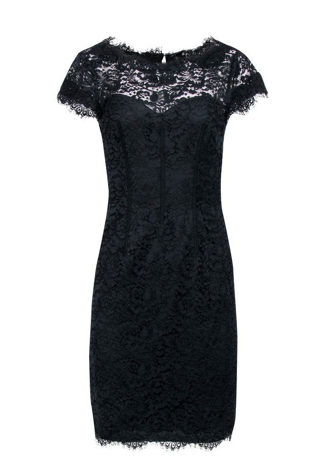 Current Boutique-Monique Lhuillier - Black Lace Short Sleeve Key Hole Back Sz 4