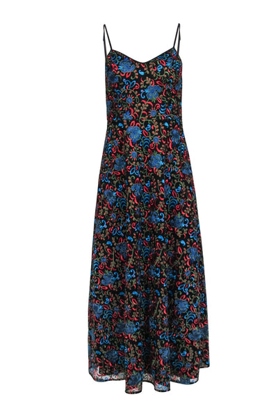 Current Boutique-Monique Lhuillier - Black w/ Blue, Red & Green Floral Embroidery Midi Dress Sz 2