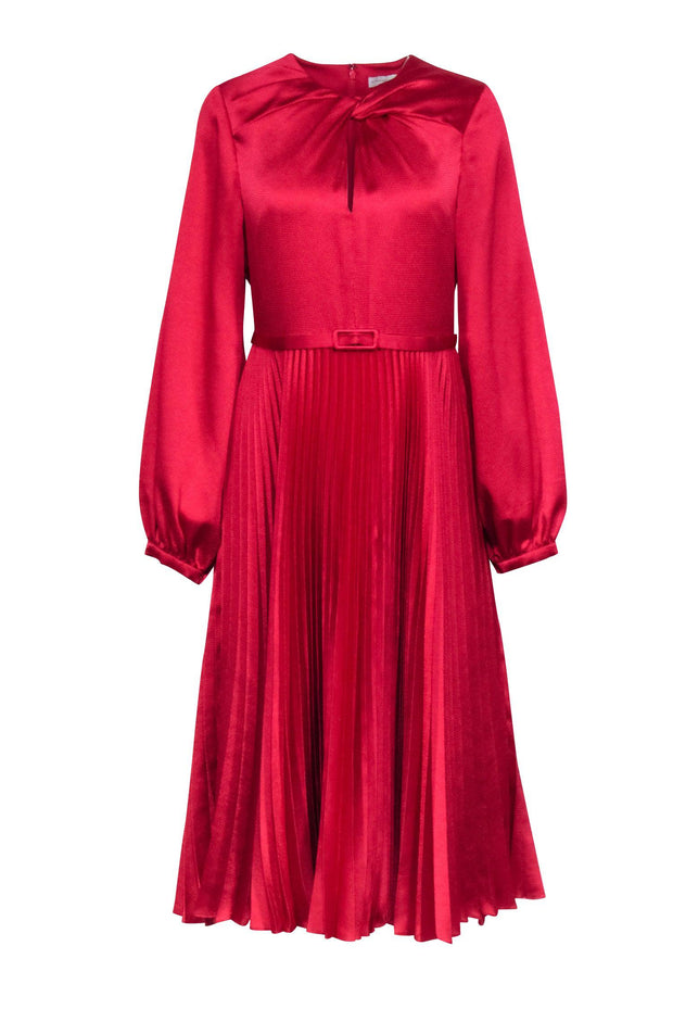 Current Boutique-Monique Lhuillier - Fuschia Hammered Satin Pleated Dress w/ Belt Sz 10