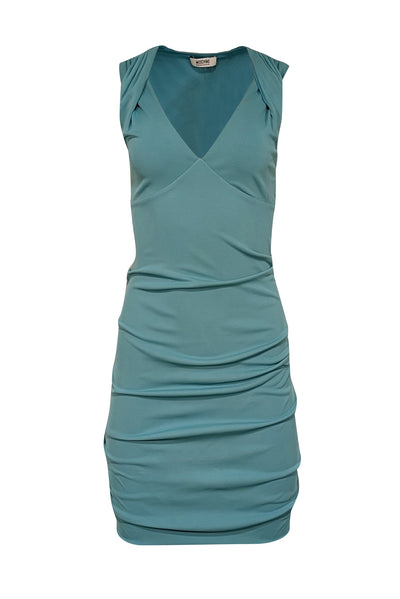 Current Boutique-Moschino - Aqua Blue Sleeveless V-Neckline Side Ruched Dress Sz 4