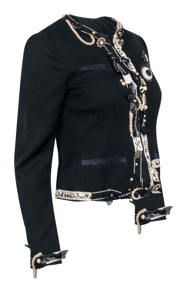 Current Boutique-Moschino - Black Tweed Pearl & Trim Embellished Blazer Sz 6