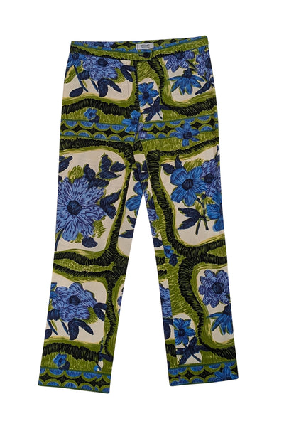 Current Boutique-Moschino - Ivory, Blue, & Green Floral Print Cropped Cotton Pants Sz 6