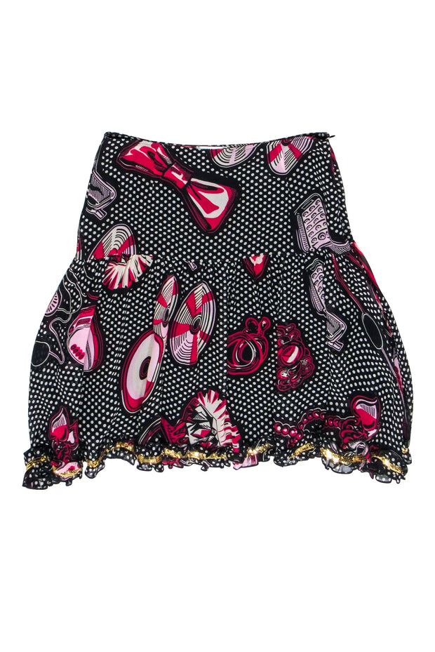 Current Boutique-Moschino Jeans - Black. White, & Pink Retro Feminine Print Silk Skirt Sz 8