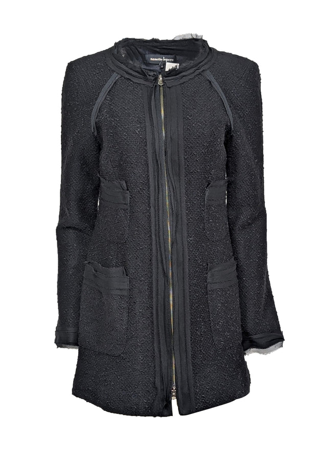 Current Boutique-Nanette Lepore - Black Tweed Zip Up Long Jacket Sz 10