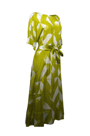 Current Boutique-Natori - Chartreuse & White Print Silk Midi Dress Sz M