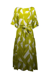 Current Boutique-Natori - Chartreuse & White Print Silk Midi Dress Sz M