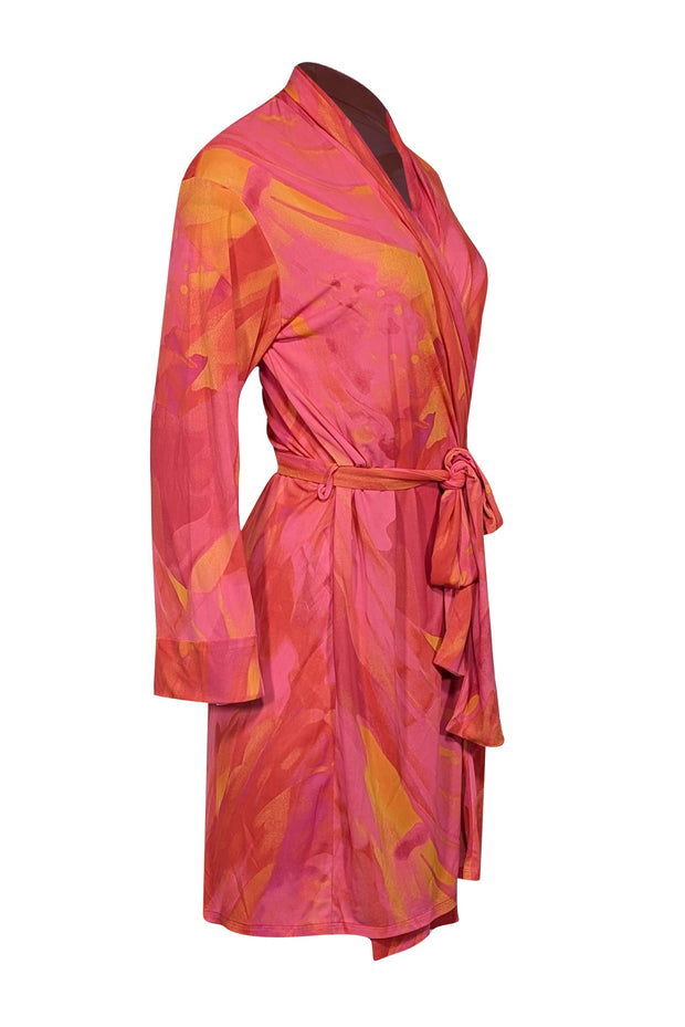 Current Boutique-Natori - Pink & Orange Print Long Sleeve Wrap Cover-Up Sz M