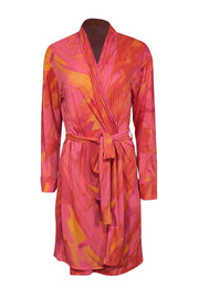 Current Boutique-Natori - Pink & Orange Print Long Sleeve Wrap Cover-Up Sz M