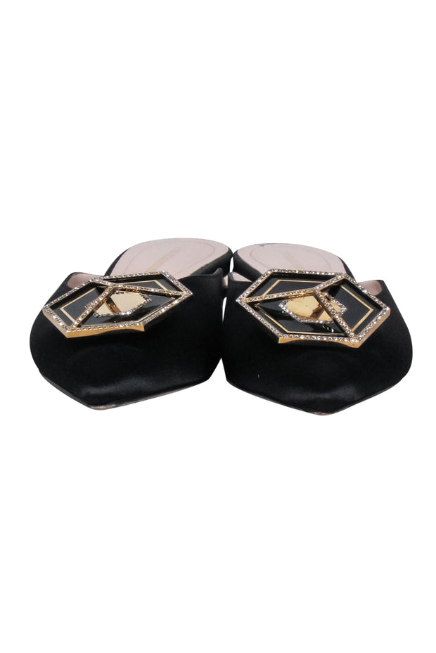 Current Boutique-Nicholas Kirkwood - Black Satin Crystal Embellishment Toe Mule Flats Sz 7.5