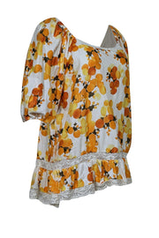 Current Boutique-Nicole Miller Artelier - Ivory, Yellow, & Orange Fruit Print Peasant Blouse Sz S