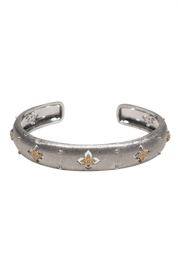 Current Boutique-No Label - Sterling Silver Cuff Bracelet w/ Gold Textured Rhinestone Design