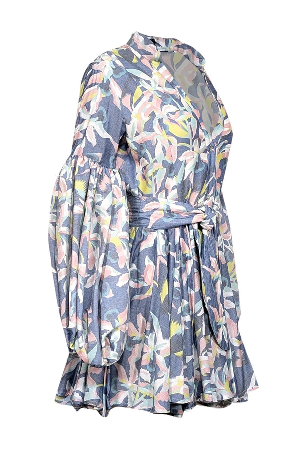 Current Boutique-No Pise La Grama - Blue w/ Pastel Orchid Print Linen Blend Mini Dress Sz 10