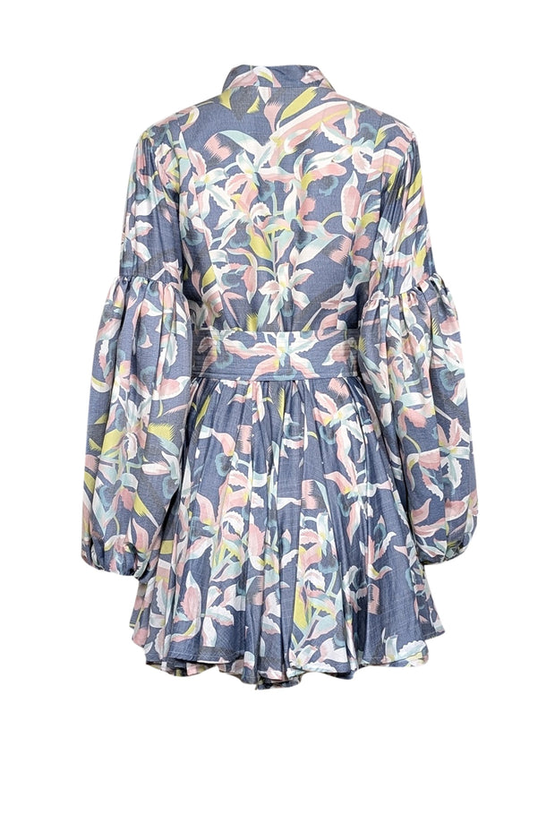 Current Boutique-No Pise La Grama - Blue w/ Pastel Orchid Print Linen Blend Mini Dress Sz 10