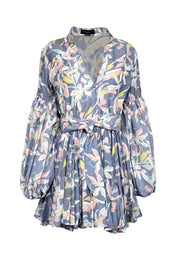 Current Boutique-No Pise La Grama - Blue w/ Pastel Orchid Print Linen Blend Mini Dress Sz 10