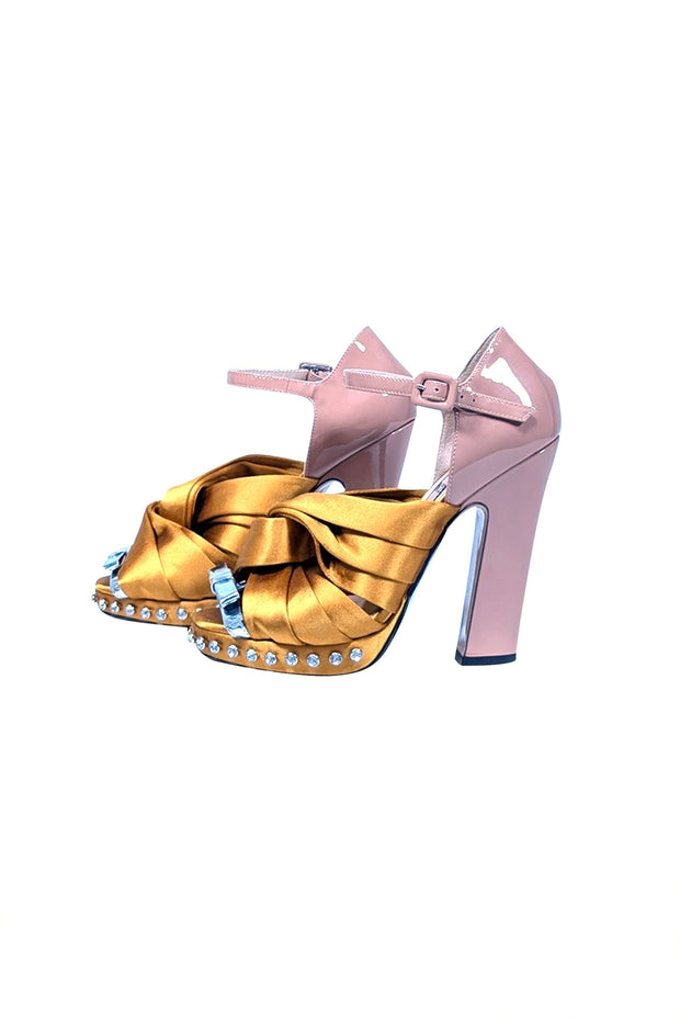 Current Boutique-No21 - Gold Satin Upper Open Toe Rhinestone Trim Platform Heels Sz 7