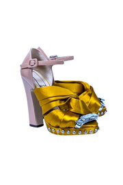 Current Boutique-No21 - Gold Satin Upper Open Toe Rhinestone Trim Platform Heels Sz 7