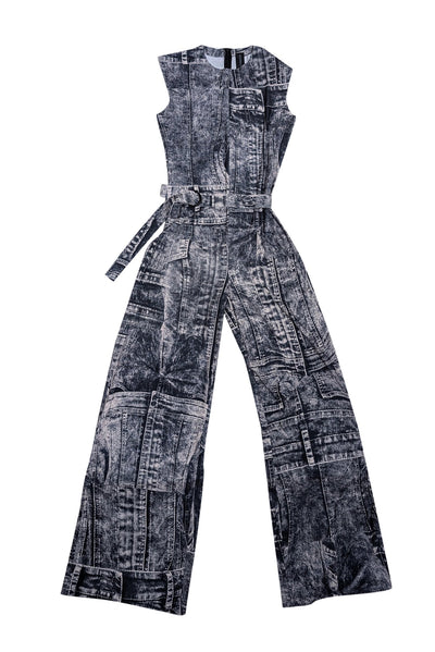 Current Boutique-Norma Kamali - Grey & Cream Denim Printed Jumpsuit Sz S