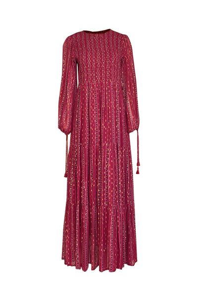 Current Boutique-Oliphant - Magenta w/ Turquoise & Gold Dot Tiered Maxi Dress Sz M