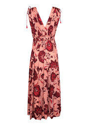 Current Boutique-Omika - Peach w/ Red Floral Print Sleeveless Maxi Dress Sz L