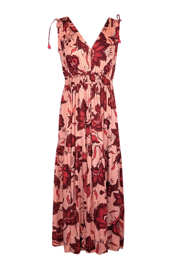 Current Boutique-Omika - Peach w/ Red Floral Print Sleeveless Maxi Dress Sz L