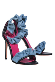 Current Boutique-Oscar Tiye - Blue Denim Ruffle Strappy Leather Pumps Sz 7