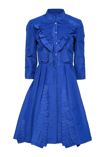 Current Boutique-Oscar de la Renta - Blue Taffeta Silk Ruffle Detail Dress Sz 6