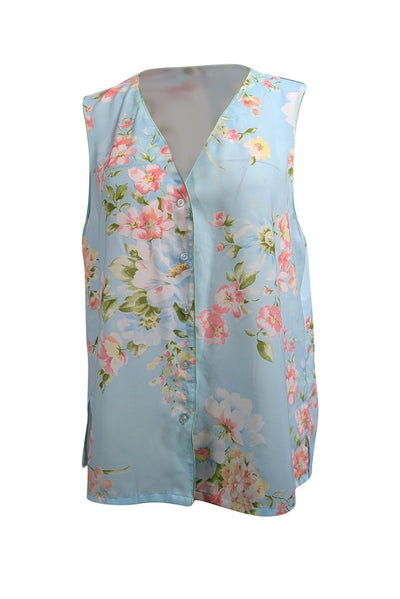 Current Boutique-Oscar de la Renta - Light Blue w/ Pink Floral Print Sleeveless Blouse Sz XL