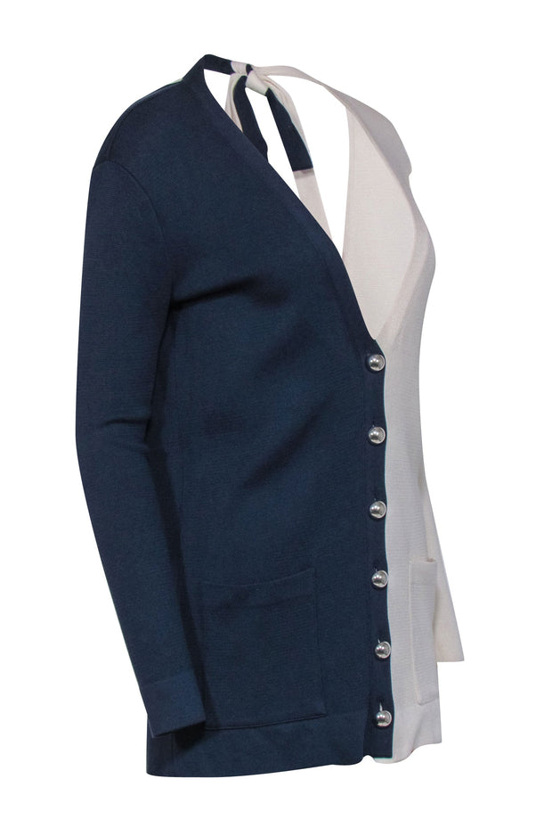 Current Boutique-Oscar de la Renta - Navy & Cream Color Blocked Knit Cardigan Sz L