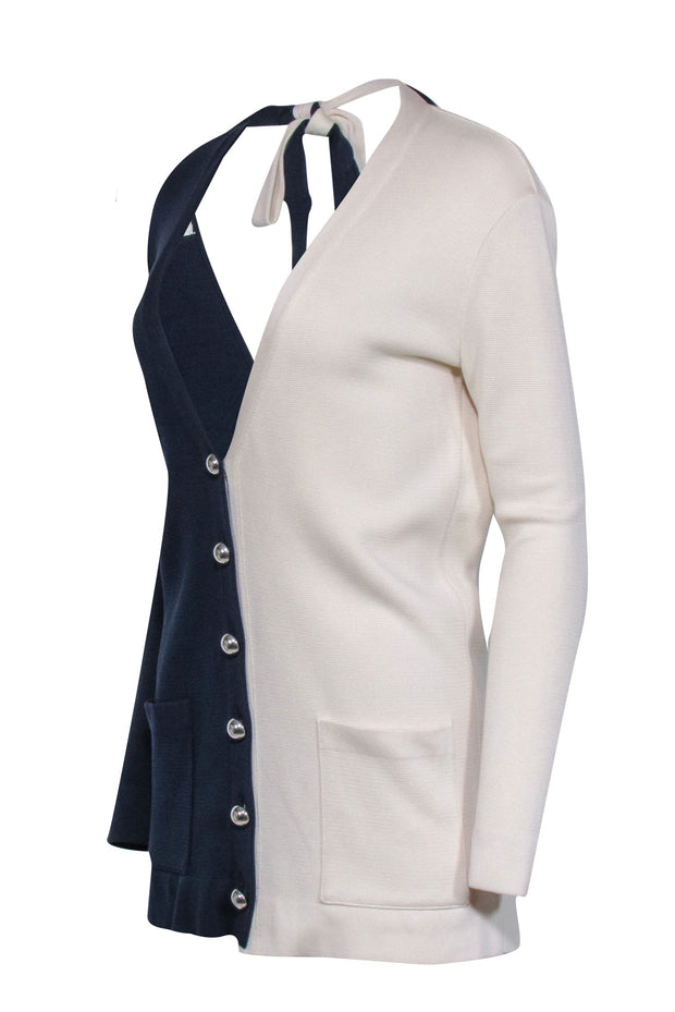 Current Boutique-Oscar de la Renta - Navy & Cream Color Blocked Knit Cardigan Sz L