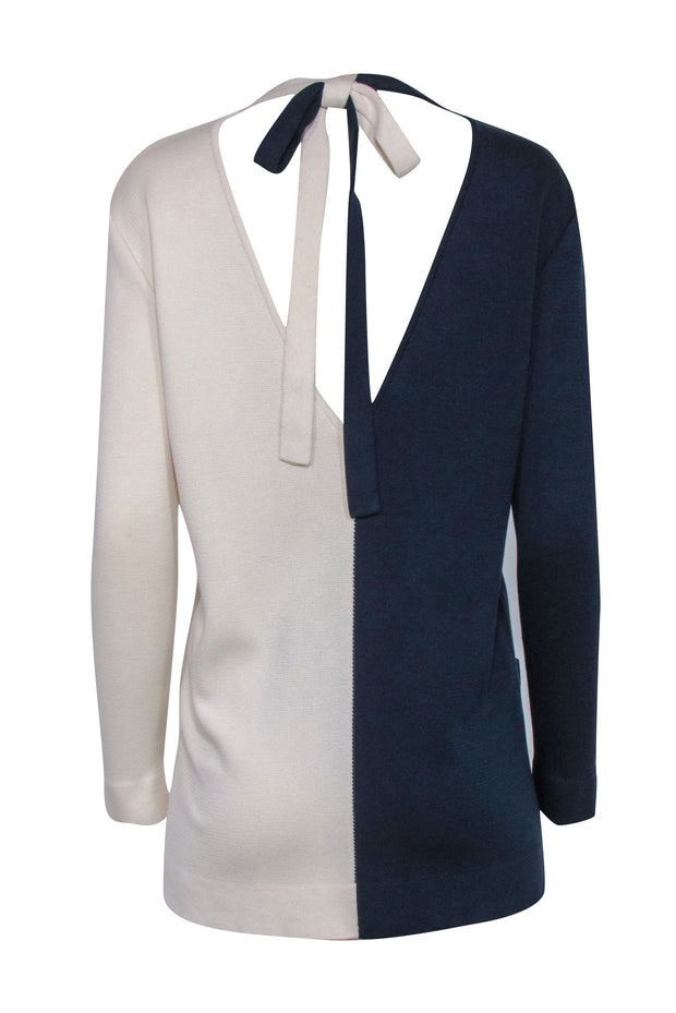 Current Boutique-Oscar de la Renta - Navy & Cream Color Blocked Knit Cardigan Sz L