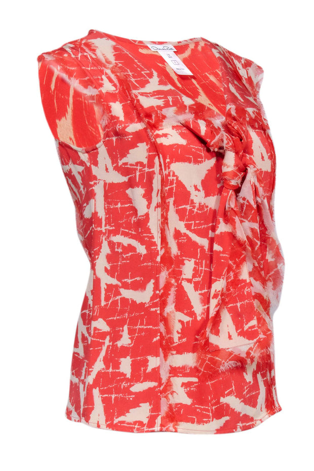 Current Boutique-Oscar de la Renta - Orange & White Abstract Print Cap Sleeve Blouse w/ Front Knot Sz 4