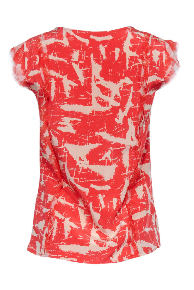 Current Boutique-Oscar de la Renta - Orange & White Abstract Print Cap Sleeve Blouse w/ Front Knot Sz 4