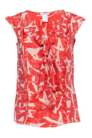 Current Boutique-Oscar de la Renta - Orange & White Abstract Print Cap Sleeve Blouse w/ Front Knot Sz 4