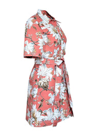 Current Boutique-Oscar de la Renta - Salmon Orange Floral Print Structured Short Sleeve Dress Sz 6