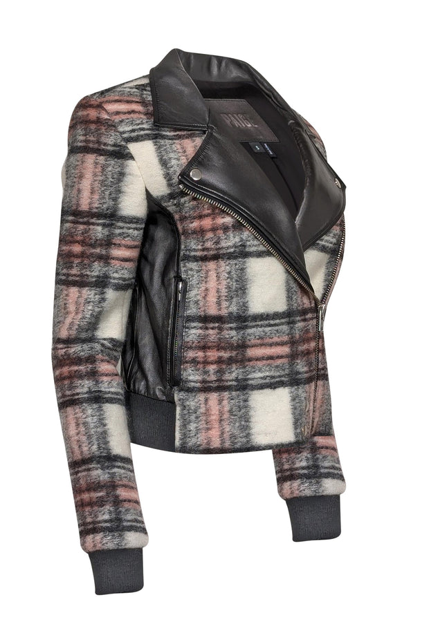 Current Boutique-Paige - Black, Pink, & Cream Plaid Moto Jacket w/ Lamb Leather Detail Sz S