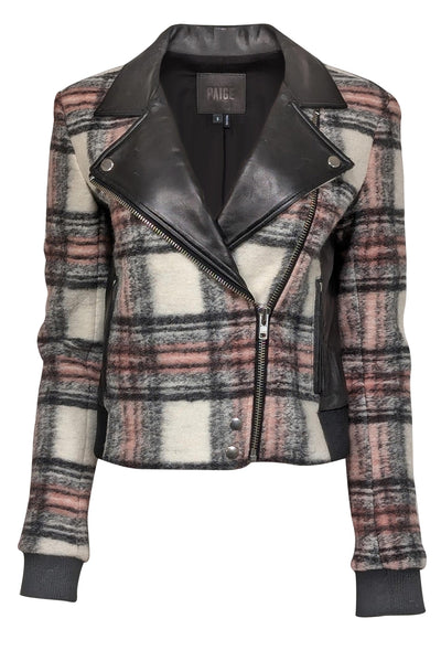 Current Boutique-Paige - Black, Pink, & Cream Plaid Moto Jacket w/ Lamb Leather Detail Sz S